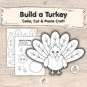 Puede incluir: Una hoja de manualidades imprimible en blanco y negro titulada Build a Turkey Color, Cut & Paste Craft. La página presenta contornos de partes de un pavo, incluyendo plumas, cabeza, pies y cuerpo, con instrucciones para colorear y cortar.