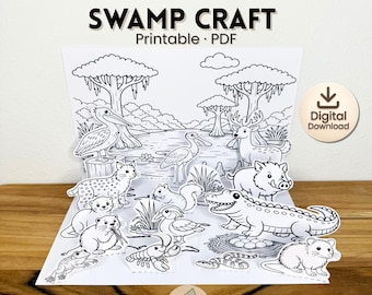 Diorama de animales del pantano (pop-up) / Actividad para cortar y pegar de animales del pantano de Luisiana / Manualidad de hábitat de humedales / Diorama de animales imprimible