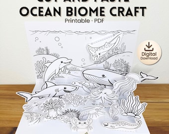 Manualidad de recortar y pegar sobre el bioma oceánico / Actividad sobre el hábitat de los animales marinos / Diorama imprimible para niños / PDF de aprendizaje sobre el océano para la educación en casa