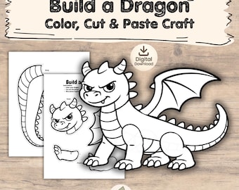 Manualidad de recortar y pegar de dragones / Construye un dragón para imprimir / Actividad para colorear para niños / Plantilla de dragón para hacer tú mismo / Manualidad de fantasía para colorear
