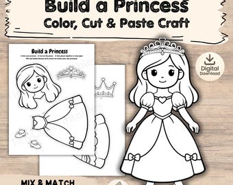 Manualidad de princesa para recortar y pegar (imprimible) / Actividad para crear una princesa / Combina vestidos y coronas / Manualidad para colorear para niños