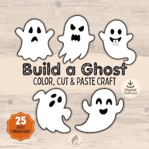 以下が含まれることがあります： Build a Ghost Color, Cut & Paste Craftというタイトルのデジタルダウンロードクラフトセット。黒い表情をした5つの白い幽霊のイラストが特徴です。オレンジ色のバッジには25 Ghost Combinationsと記載されており、ダウンロードアイコンが表示されています。
