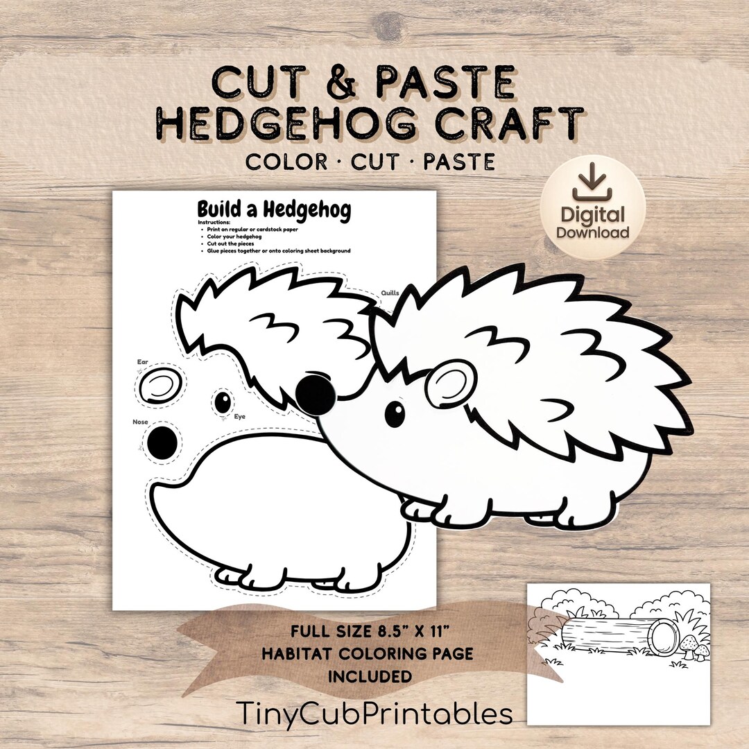 Hedgehog Cut and Paste Craft | Kids Coloring Activity (digital Download ...