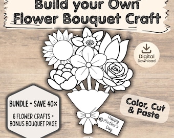 Ramo de flores para niños / Regalo del Día de la Madre de parte de los niños / Ramo de flores para recortar y pegar / Actividad imprimible de primavera / Regalo DIY de parte de los niños