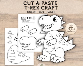 Manualidad de dinosaurio para recortar y pegar / Construye un dinosaurio / Actividad imprimible de dinosaurios / Colorea y pega / Descarga digital en PDF