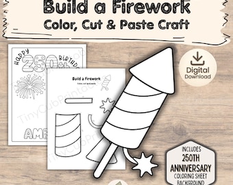 Manualidad de fuegos artificiales del 4 de julio para niños / Imprimible para colorear, recortar y pegar / Actividad patriótica para niños / Manualidad del Día de la Independencia