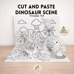 Klipp och klistra in dinosauriepyssel | Dinosaurieaktivitet för barn | Utskrivbar dinosauriescen | Direkt nedladdning (PDF)