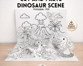 Manualidad de dinosaurios para recortar y pegar / Actividad de dinosaurios para niños / Escena de dinosaurios imprimible / Descarga instantánea (PDF)