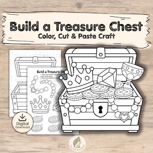 Op de afbeelding: Een zwart-wit printbare knutselactiviteit getiteld Build a Treasure Chest Color, Cut & Paste Craft. De afbeelding toont een lijntekening van een open schatkist gevuld met een kroon, een diamant, munten en een kralenketting.