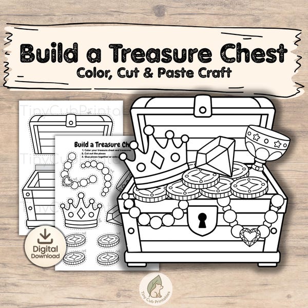 Fabriquer un coffre au trésor pour les enfants | Activité imprimable couper-coller pirate | Bricolage d'été pour les maternelles et les jardins d'enfants | Téléchargement numérique
