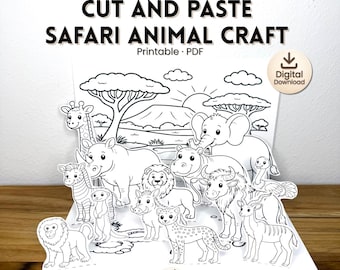 Safari africano: manualidad desplegable para niños / Diorama de animales de la sabana imprimible / Actividad de papel recortable y pegado