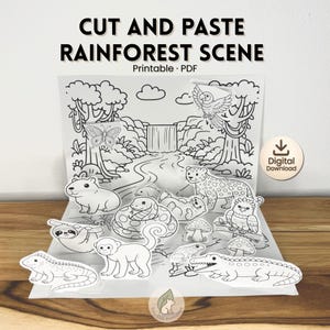 Manualidad de animales de la selva tropical para niños: recortar y pegar / Actividad imprimible de la selva amazónica / Manualidad de papel con tijeras / Diorama de la selva tropical