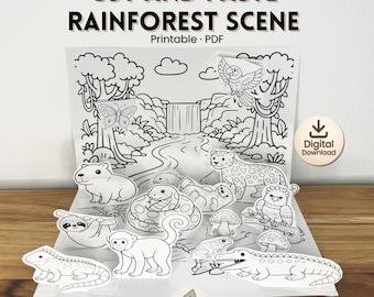Manualidad de animales de la selva tropical para niños: recortar y pegar / Actividad imprimible de la selva amazónica / Manualidad de papel con tijeras / Diorama de la selva tropical