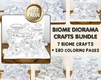 Paquete de manualidades de dioramas de biomas / Manualidades desplegables de biomas / Páginas para colorear de animales con datos curiosos / Actividad para el aula en casa / PDF imprimible
