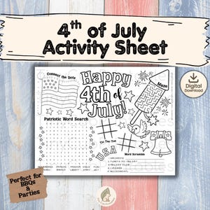 Może przedstawiać: Czarno-biała karta aktywności na 4 lipca z napisem "4th of July Activity Sheet". Zawiera gry takie jak łączenie kropek i wyszukiwanie słów. Zawiera patriotyczne obrazy, takie jak amerykańska flaga i fajerwerki.