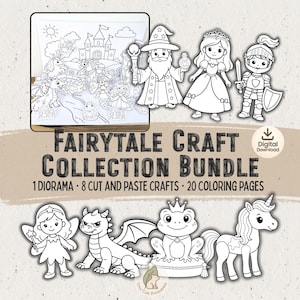 Può includere: Un pacchetto di download digitale con una collezione di artigianato di fiabe. L'immagine include un diorama, lavori di ritaglio e incollatura e pagine da colorare. La collezione comprende un mago, una principessa, un cavaliere, una fata, un drago, una rana e un unicorno.