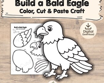 Manualidad de águila calva para niños / Imprimible del 4 de julio / Actividad de colorear, recortar y pegar / Manualidad patriótica para niños / Actividad del Día de la Independencia