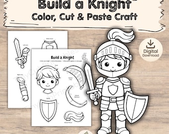 Manualidad para crear un caballero (imprimible) / Actividad de colorear, recortar y pegar / Manualidad de caballero medieval para niños / Actividad de motricidad fina para niños pequeños y preescolares