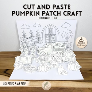 May include: A cut and paste pumpkin patch craft printable PDF featuring a black and white line art scene of a farm with a barn, corn, and clouds. Includes individual cut-out elements like a truck, pumpkins, a scarecrow, and a sign reading PUMPKIN PATCH.