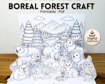 Manualidad de recortar y pegar del bosque boreal / Diorama del bioma de la taiga / Actividad imprimible de animales del bosque / Manualidad de animales del bosque para niños