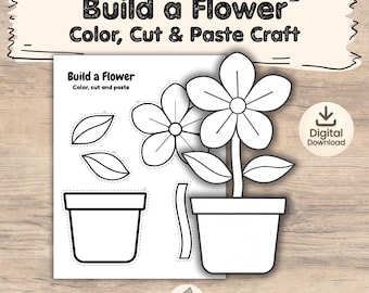 Plantilla de flores para manualidades / Actividad para colorear, recortar y pegar (Descarga digital PDF)