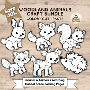 May include: A digital craft bundle featuring six woodland animal illustrations: a rabbit, fox, squirrel, raccoon, deer, and hedgehog. The text reads "WOODLAND ANIMALS CRAFT BUNDLE" and "COLOR CUT PASTE". Includes 6 animals and matching habitat scene coloring pages.