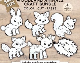 Manualidades de animales del bosque para recortar y pegar para niños / Actividades imprimibles con tijeras / Manualidades para colorear de animales del bosque