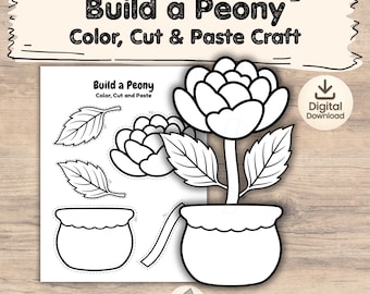 Manualidad de flores de peonía para niños / Actividad de recortar y pegar de primavera / Manualidad de maceta imprimible / Regalo DIY para el Día de la Madre