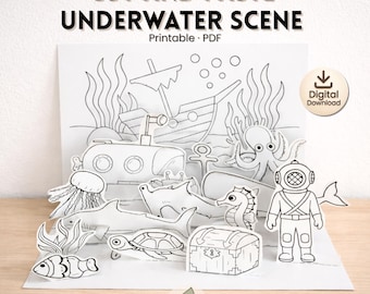 Manualidad de océano para cortar y pegar / Diorama del océano imprimible / Imprimible del océano para niños / Actividad de tijeras / Actividad para colorear