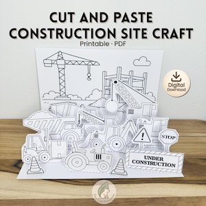Puede incluir: Un proyecto de manualidades de construcción para recortar y pegar en blanco y negro, con una grúa, un camión volquete, un tractor y señales. El texto incluye CUT AND PASTE CONSTRUCTION SITE CRAFT, Digital Download y UNDER CONSTRUCTION.