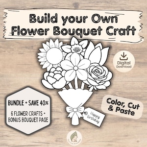 Może przedstawiać: Czarno-biała grafika bukietu kwiatów ze słonecznikiem, różą i innymi kwiatami. Tekst brzmi "Build your Own Flower Bouquet Craft". Zawiera ikonę "Digital Download" i etykietę z napisem "Happy Birthday".