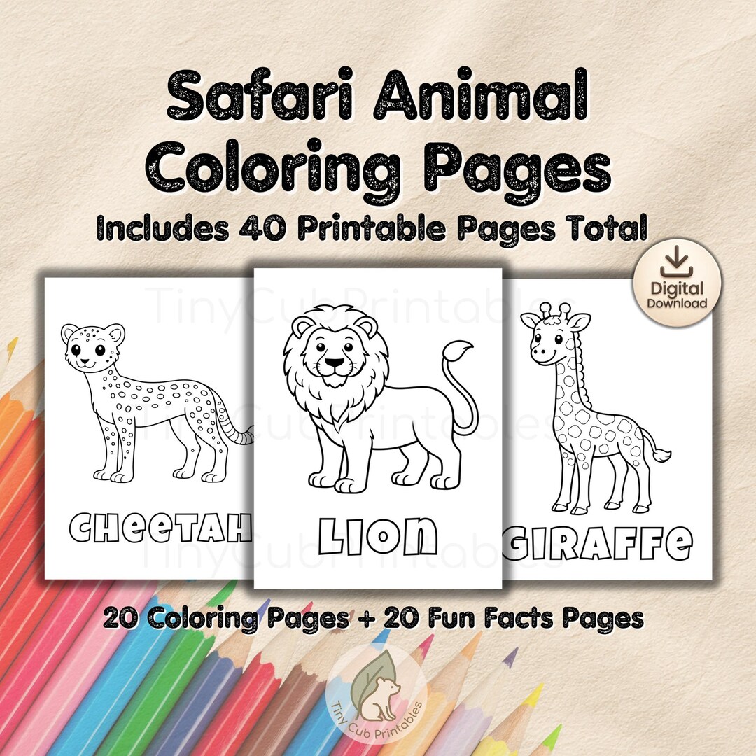 Safari Animals Coloring Book | 40 Pages, Fun Facts (digital Download ...