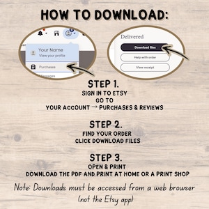 May include: An instructional graphic titled HOW TO DOWNLOAD with three steps. It shows two circular screenshots of an Etsy account menu and a download button with arrows pointing to the Purchases and Download files options for digital items.