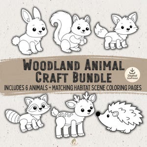 Può includere: Un pacchetto scaricabile digitalmente con disegni al tratto in bianco e nero di sei animali del bosco, tra cui un coniglio, uno scoiattolo, una volpe, un procione, un cervo e un riccio. Il testo recita Woodland Animal Craft Bundle, Includes 6 Animals + Matching Habitat Scene Coloring Pages.