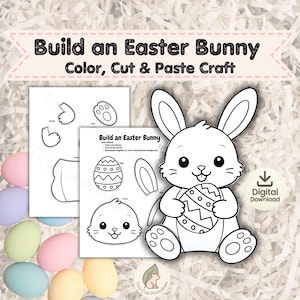 May include: A printable Easter craft featuring a white bunny holding an Easter egg, with instructions to color, cut, and paste. The text "Build an Easter Bunny, Color, Cut & Paste Craft" is displayed at the top. Includes a digital download icon.