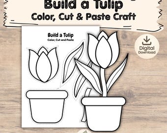 Manualidad de tulipanes para niños / Actividad de recortar y pegar de primavera / Manualidad de maceta imprimible / Actividad para niños pequeños en edad preescolar