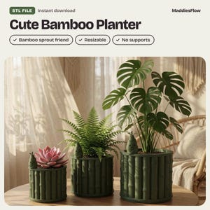 May include: Three dark green cylindrical planters with a bamboo stalk texture. Each planter features a small, attached bamboo sprout character with a smiling face. The planters hold a pink succulent, a green fern, and a large monstera plant.
