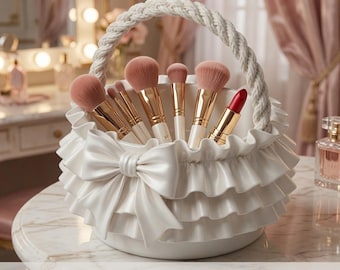 Bow Makeup Brush Holder STL File, Coquette Vanity Organizer, Ribbon Basket Cosmetic Storage 3D Print Digital Download