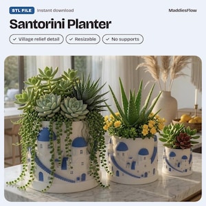 May include: Three white cylindrical planters with blue dome and staircase relief details, each containing various green succulents. The text reads STL FILE, Instant download, MaddiesFlow, Santorini Planter, Village relief detail, Resizable, No supports.
