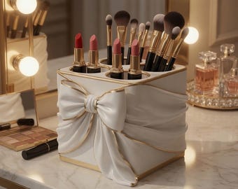 Bow Makeup Organizer STL File, Coquette Brush & Lipstick Holder, Vanity Desk Storage 3D Print Digital Download