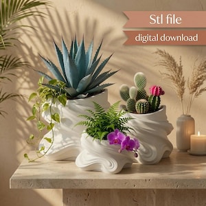 May include: Three white ceramic planters with a swirling, fluid design. The largest holds a blue-green agave and trailing vine, the medium holds a green fern and purple orchid, and the smallest holds a green cactus with a pink flower. Text: Stl file digital download.