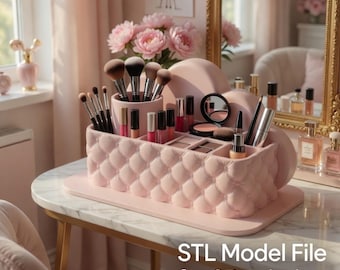 Pink Quilted Makeup Station STL | 3D Printable Luxury Vanity Organizer with Brush Holder Home Decor Craft Supplies