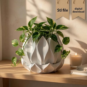 May include: A white lotus-shaped planter containing a green and yellow variegated pothos plant. Two tan paper tags hang above, with the text Stl file and digital download printed in black. The planter features curved, petal-like segments.