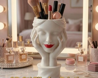Coquette Dreamy Face Hands Makeup Brush Holder STL | Elegant Bust Vanity Organizer Caddy 3D Print home decor Crafts supplies