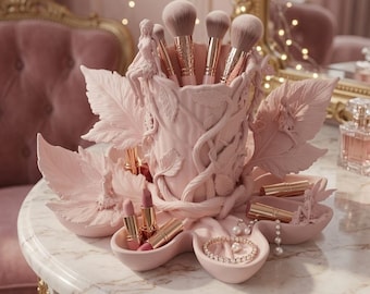 Fairy Makeup Brush Holder STL File, Fantasy Leaf Vanity Organizer, Jewelry Tray 3D Print Digital Download