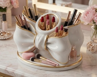 Bow Makeup Organizer STL File, Coquette Vanity Tray, Cosmetic Brush & Lipstick Holder 3D Print Digital Download