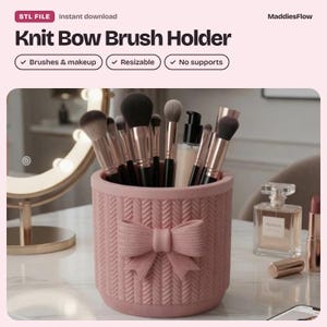 Knit Bow Makeup Brush Holder STL File, Knitted Texture Pen Cup 3D Print, Coquette Vanity Organizer, Pink Desk Decor, Digital Download