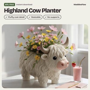 May include: A cream-coloured Highland cow planter featuring a textured, fluffy coat design, curved horns, and a pink snout. The planter is filled with a variety of pink and yellow cosmos flowers. The text reads STL FILE, Highland Cow Planter, MaddiesFlow.