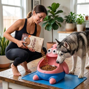 May include: A pink and blue pet food bowl shaped like a cartoon character is being filled with dry pet food from a bag labeled "KRUNCH PET FEED". A Siberian Husky dog is nearby, looking at the bowl. The bowl sits on a blue mat.