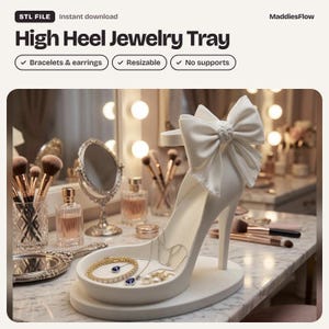 May include: A white high heel shoe-shaped jewellery tray featuring a large decorative bow at the heel. The tray holds a gold bracelet with blue stones, a delicate silver necklace, and pearl earrings. Text includes STL FILE, High Heel Jewelry Tray.